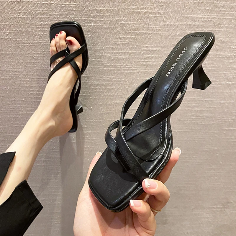 

Clip Toe Heeled Slippers Women 2023 Summer PU Leather Sqaure Toed Flip Flops Heels Woman Sexy Slip-On Cross Strap Sandals Mujer