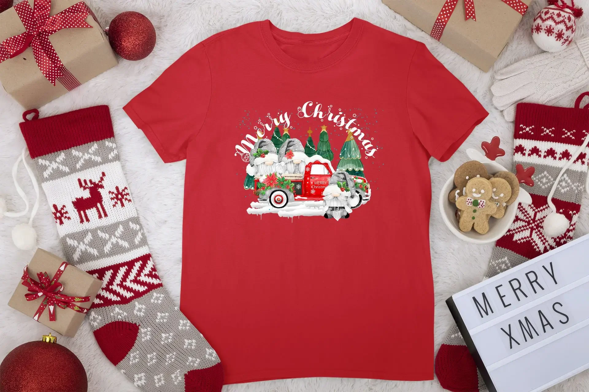 Christmas T Shirt Gnome Winter Red Truck Tree Pickup Cute Gnomes Lover