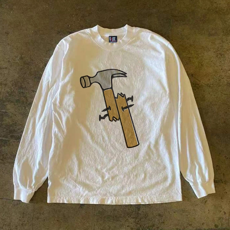 

90s Original Heavyweight Non-Lightweight Long Sve T-irt ex Couple Design Hammer Logo Hip Hop Sle Streetwear