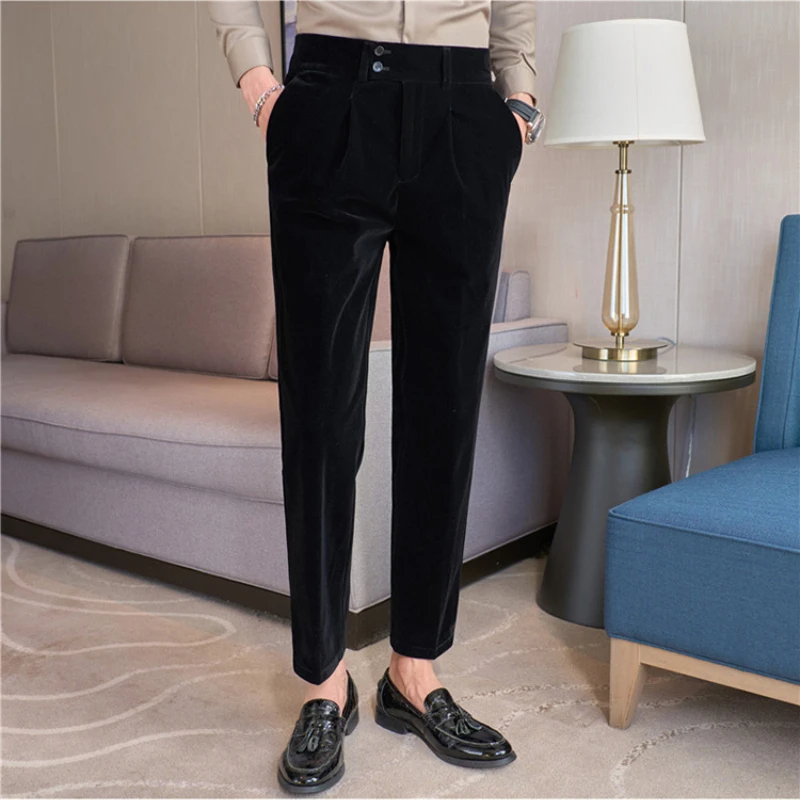 2023 Autumn Winter Velvet Suit Pants Men Thickened Warm Elastic Waistline Business Dress Pants Casual Wedding Groom Trousers