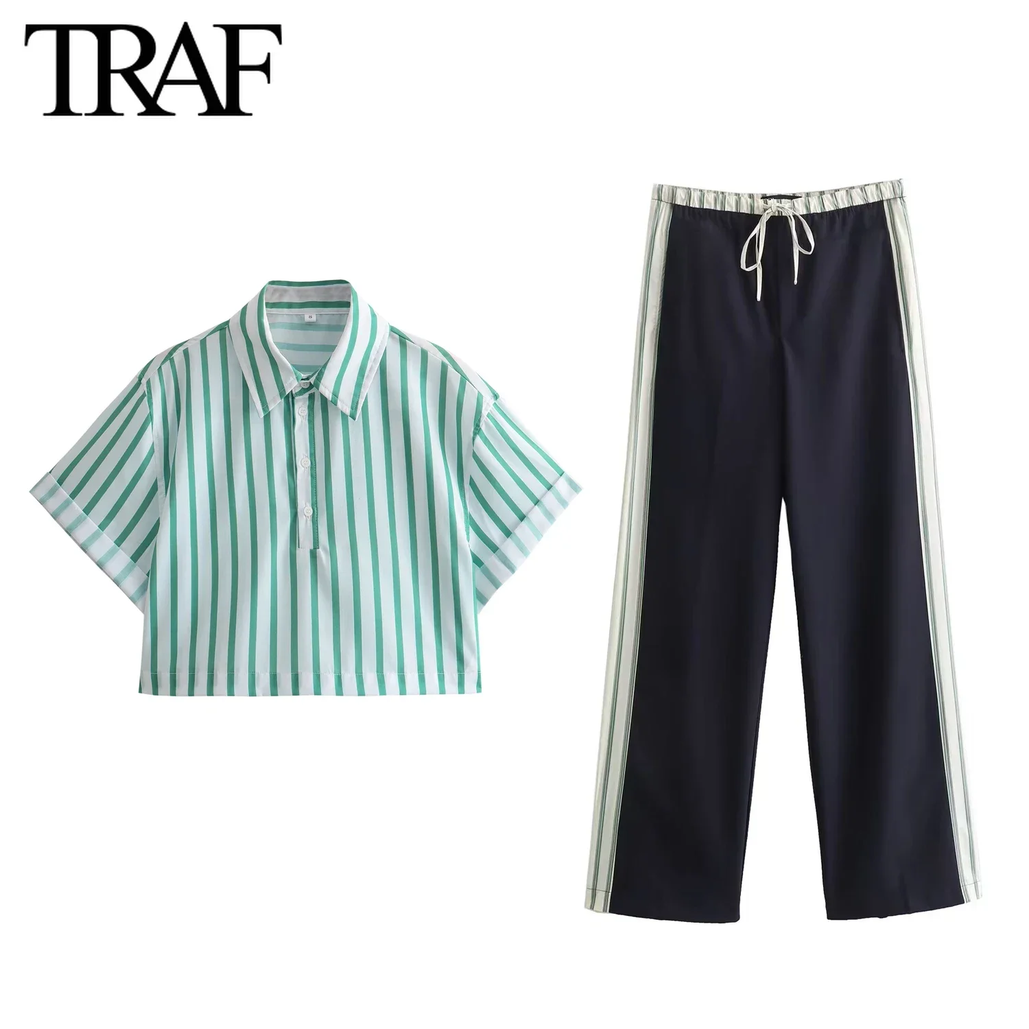 TRAF Women Fashion Summer Lapel Short-sleeved Blouses Poplin Striped Shirt Chic Office Lady High Waist Pant Sets 2pc Suit