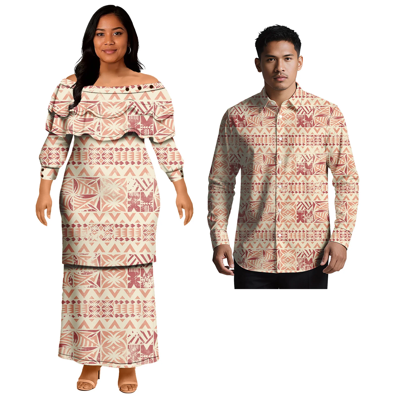 

Комплект унисекс: рубашка-алоха для мужчин и самуанский женский пулетаси (2 предмета), одежда для пар, тапа, на заказ