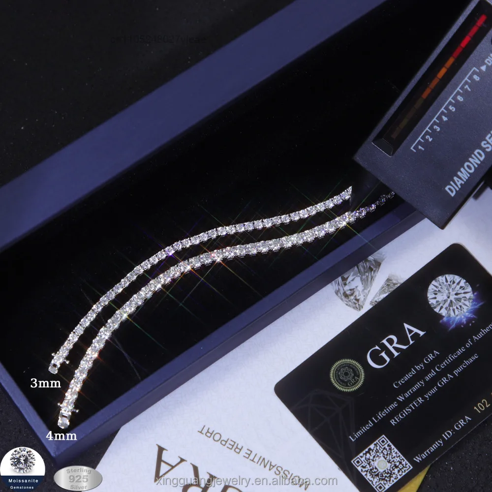Moissanite 4mm 3mm Tennis Diamond Chain 925 Silver Gold Plated Fine Jewelry Bracelet VVS Moissanite Tennis Chain for Men Women..