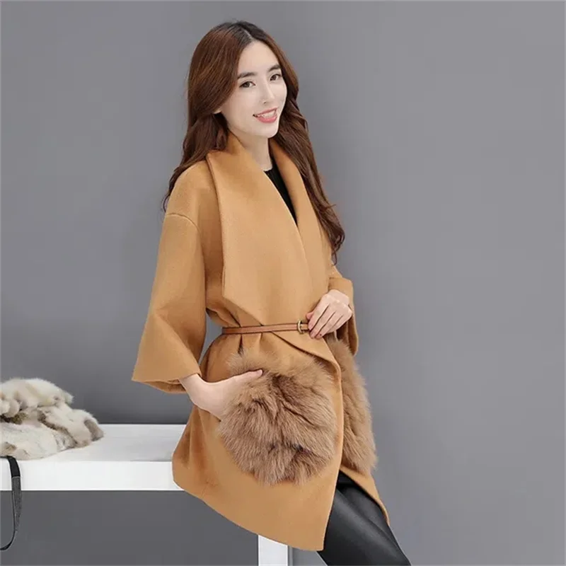 2022 Spring Autumn Women Korean Imitation Fox Woolen Coat Female Temperament Loose Stitching Solid Color Woolen Cardigan Jacket