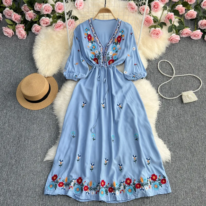 Summer Retro Ethnic Style Bohemian Dress Seaside Beach Vacation V-neck Embroidery Dresses Waist Slim Long A-line Dress Women