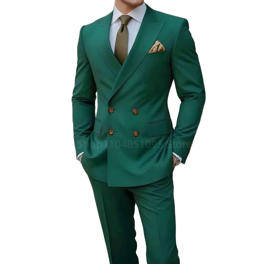 

New Design Green Wedding Men's Suits Double Breasted Peak Lapel Blazer Outfits 2 Piece Jacket Pants Set Office Costume Homme