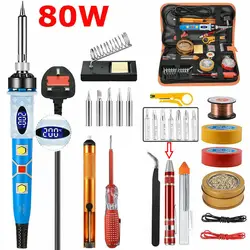 80W Adjustable Temperature Electric Soldering Iron Kit Welding Tool Solder Tip Cleaner Desoldering Pump LCD Show