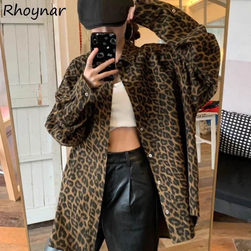 

High Street Jackets Women American Clothing Fashion Baggy Leopard Seductive Retro Outwear Long Sleeve Casual All-match College