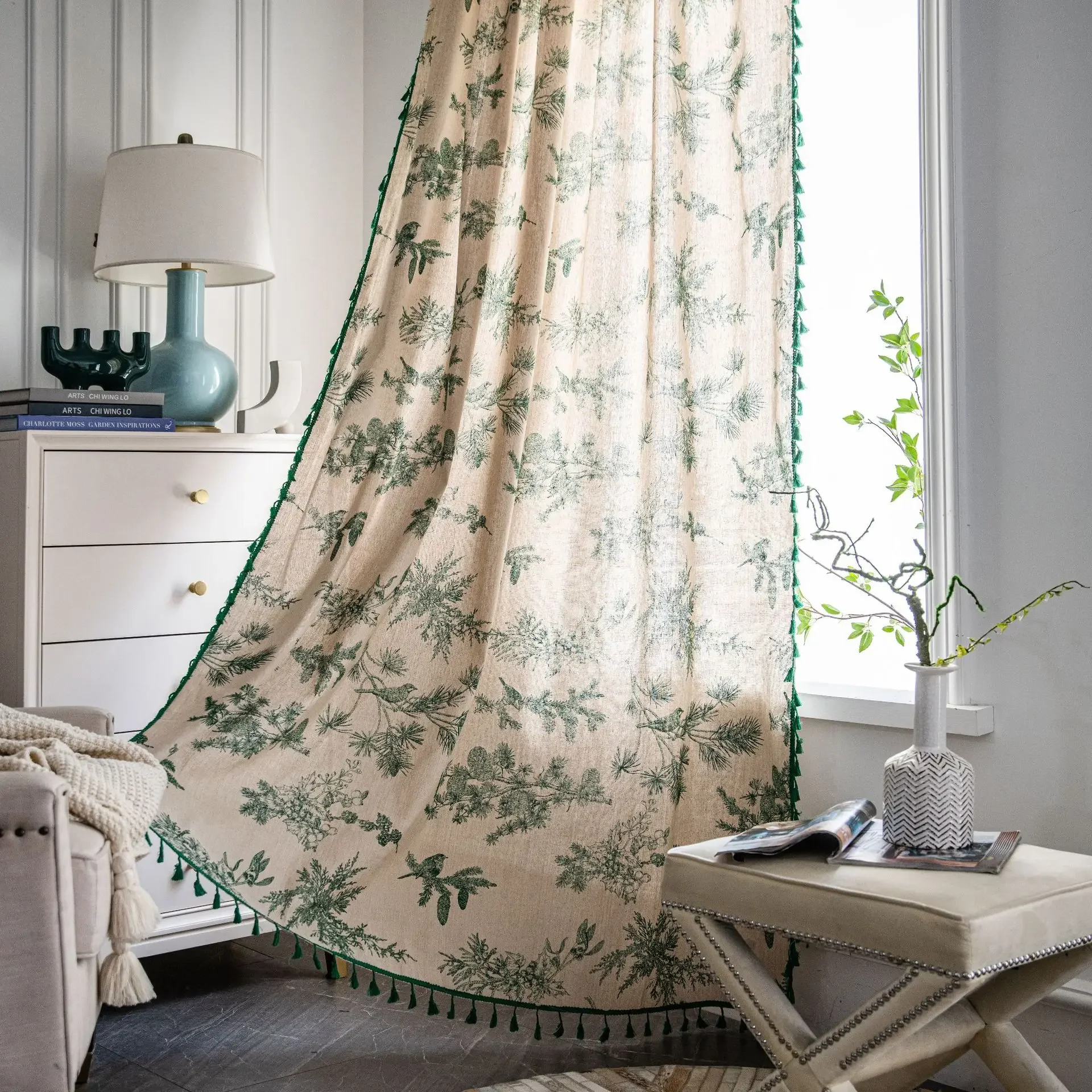 

American Cotton Linen Pastoral Green Pine Cones Home Window Curtain Thick with Tassels Blackout Drapes Curtains for Living Room