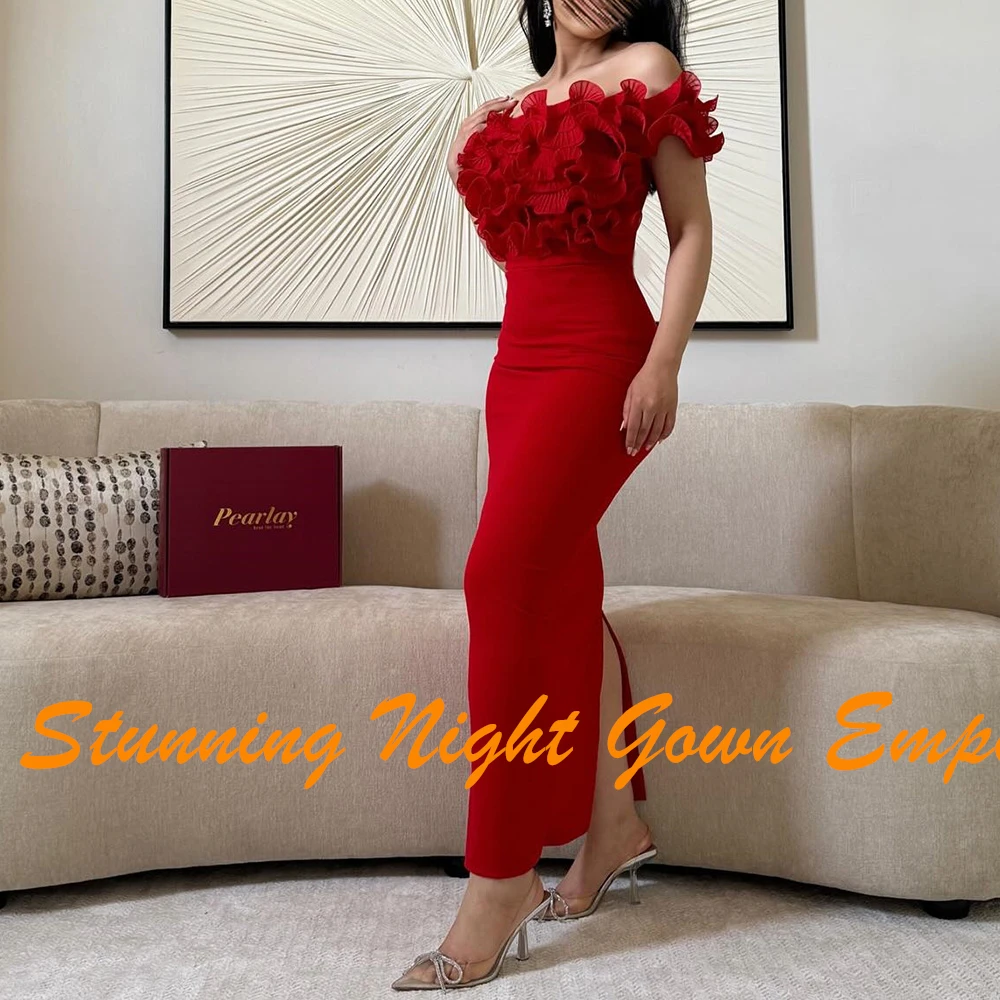 Modern Side Slit Ankle Length Ruffles Pleats Evening Dresses Temperament Straight Off the Shoulder Short Sleeves Party Gowns