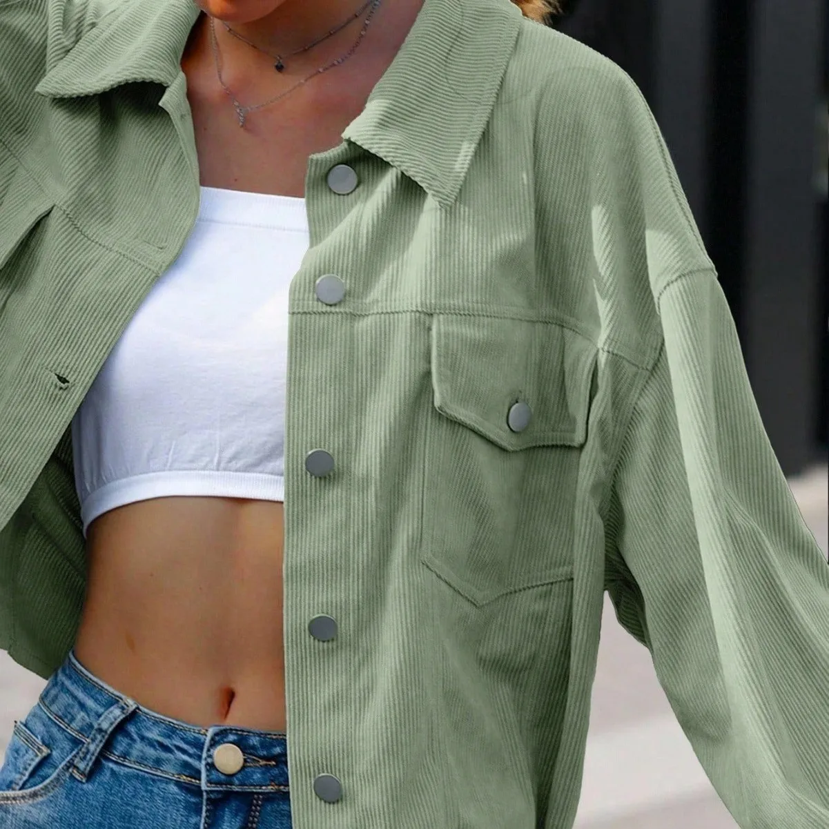Loose Fit Patchwork Coat Regular Length Streetwear with No Stretch Single Row Multiple Buttons Relaxed Fit Casual Women Jacket