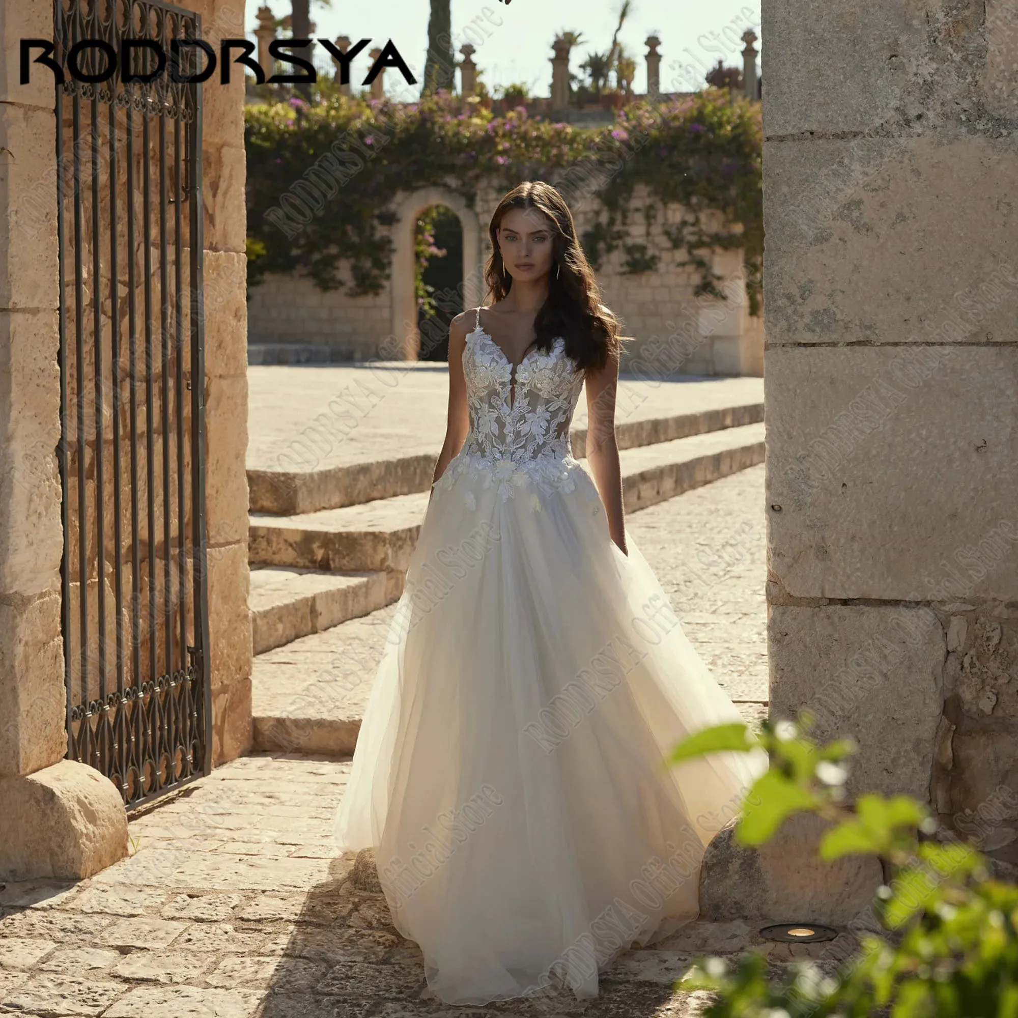 RODDRSYA Backless Boho Wedding Dress 2024 Bride Beading A-Line Spaghetti Straps Vestidos De Novia Applique V-Neck Tulle Custom