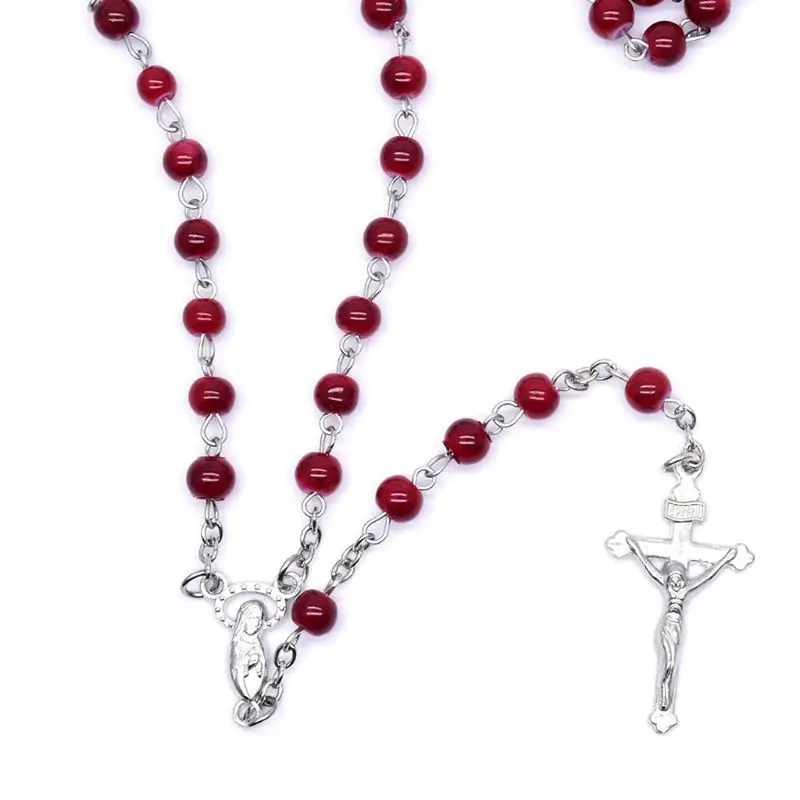 6mm Rosary Glass Beads Jesus for Cross Pendant Necklace Charm Chain Jewelry Christian Gift for Men Women