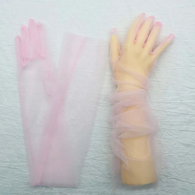 1Pair Sexy Long Gauze Bridal Dress Gloves Women Transparent Sun Protection High Elasticity Breathable Thin Dress Gloves