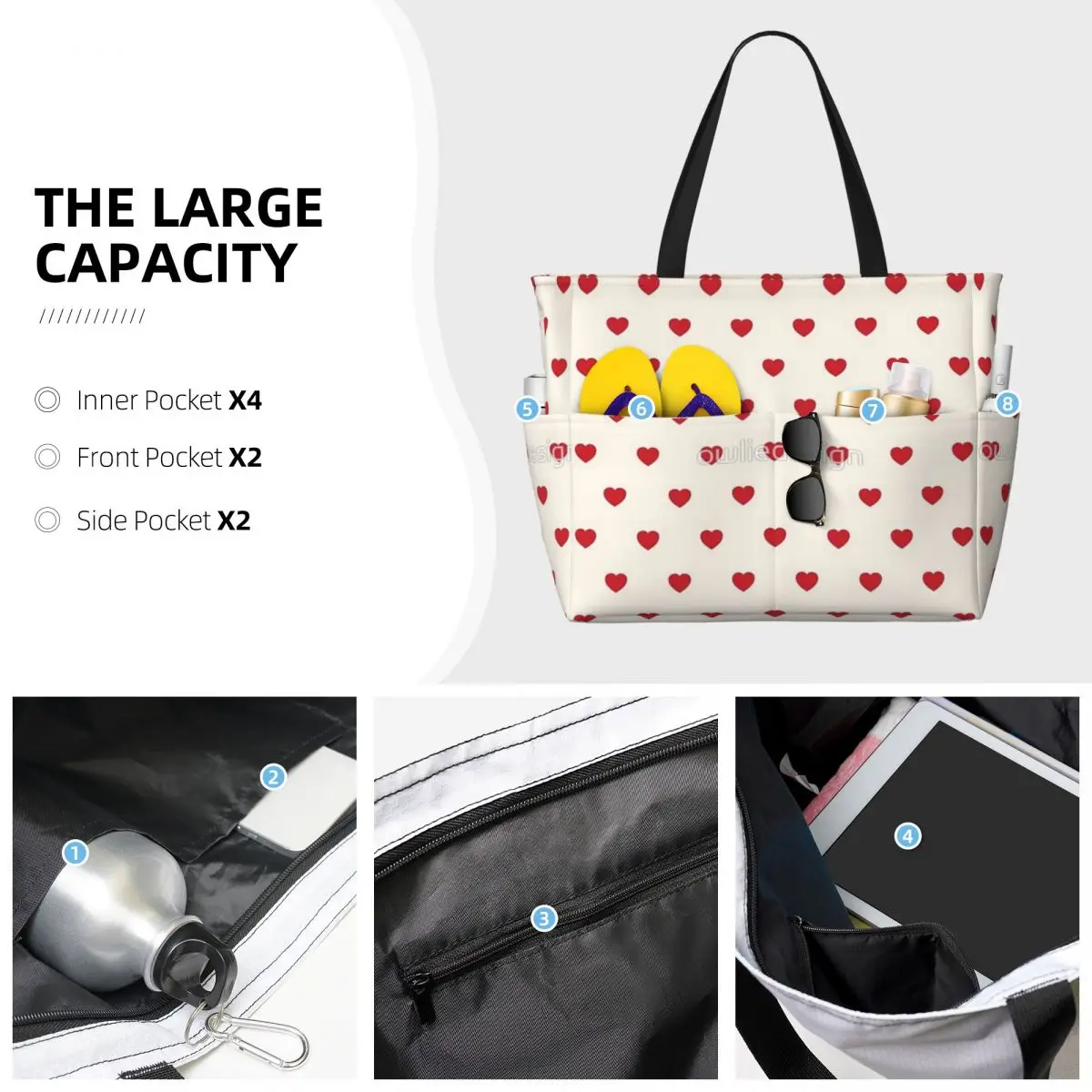 Red Hearts Pattern Beach Travel Bag, Tote Bag Popular Practical Travel Shoulder Bag Multi-Style Pattern