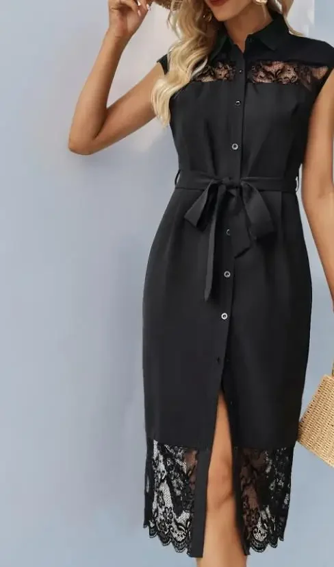 Vestido informal de verano para mujer, Color sólido, sencillo, sin mangas, con cuello en V, camisa larga con botones, vestido con solapa empalmada de encaje