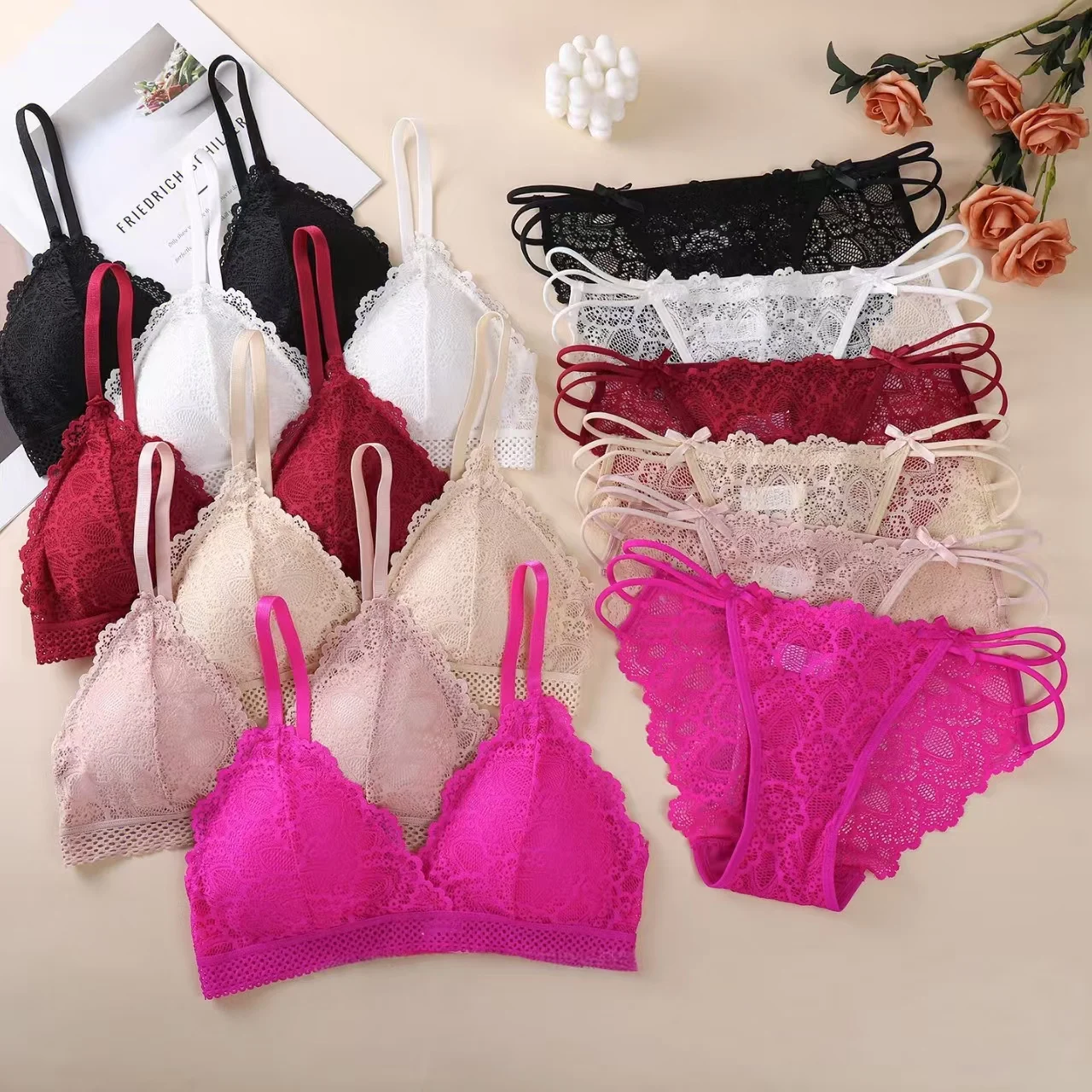 

2025 сексуальный кружевной бюстгальтер с треугольными чашками во французском стиле, комплект дышащего нижнего белья для женщин, модный бюстгальтер без стального кольца