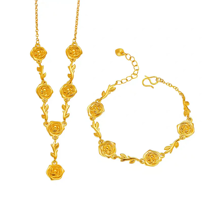 9999 Real Gold New Chinese Style Flower Branch Rose Necklace For Women, Vintage High-End Fine Jewelry
