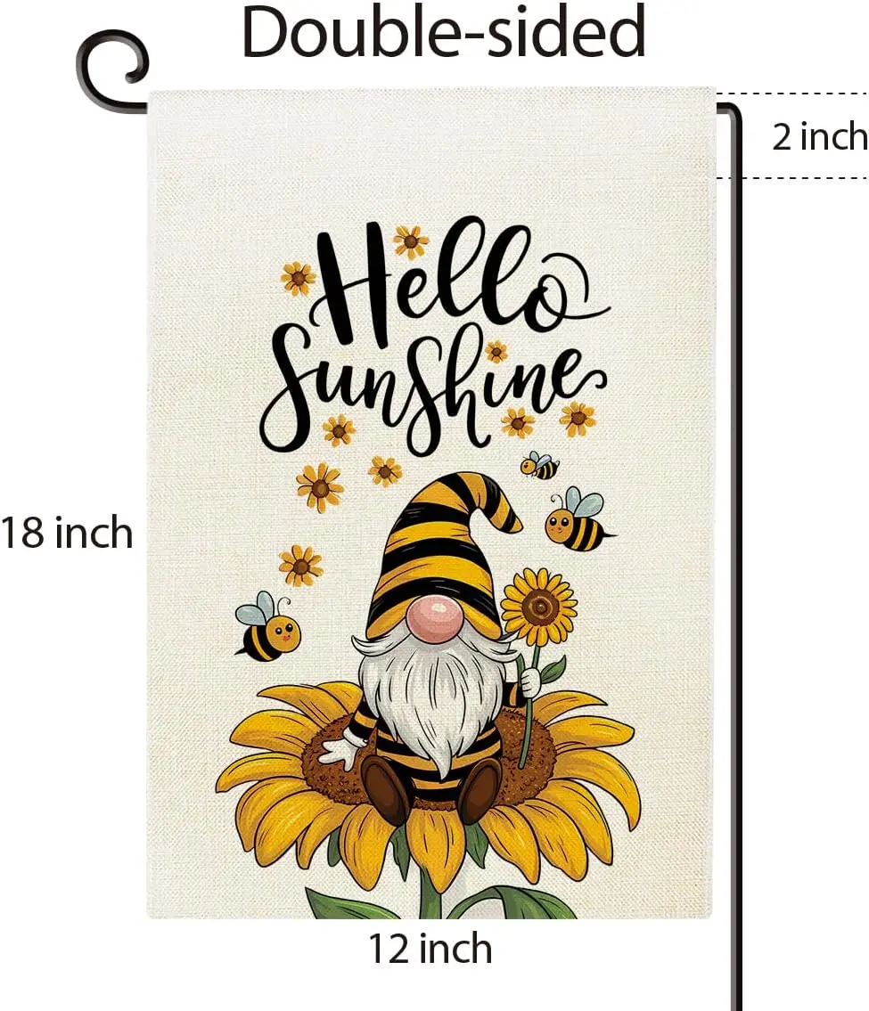 Hello Sunshine Spring Summer Garden Flag Sunflower Gnome Bees Burlap House Flag Farmhouse Outdoor Seasonal Decorations for Y yyi