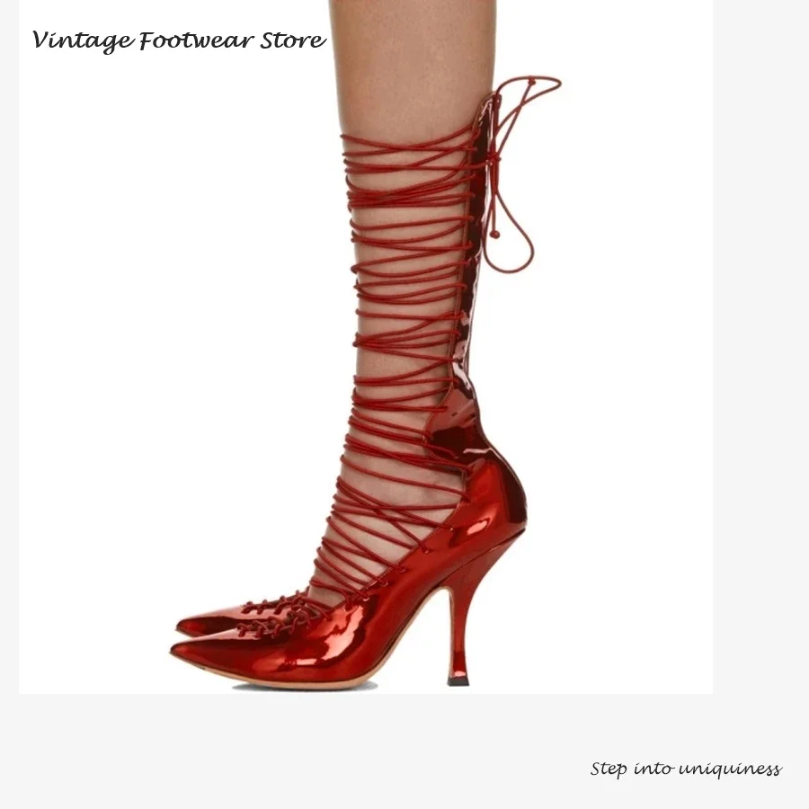 

Летние туфли до колена с перекрестной завязкой, модные подиумные сандалии на шнуровке для вечеринок, женская обувь на шпильке с острым носком, уличный стиль