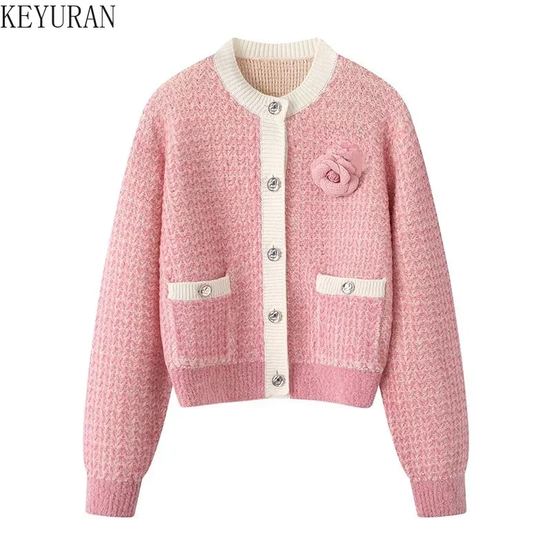 Pink Contrast Color Knitted Cardigan Sweater Coat Women Autumn/Winter Vintage Fashion O-Neck Long Sleeve Knitwear Tops Jumper