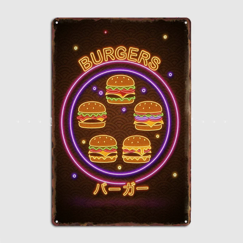Neon Burgers Poster Metal Wall Art Cave Garage Classic Painting Tin Sign Vintage Posters Room Decor Home Decoration