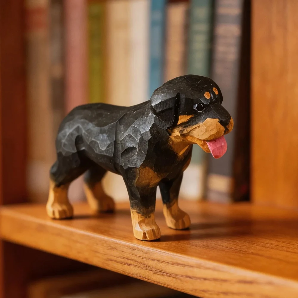 Hand Carved Wooden Rottweiler Figurine Realistic Dog Statue Natural Wood Sculpture for Home Decor Desk Ornament Gift