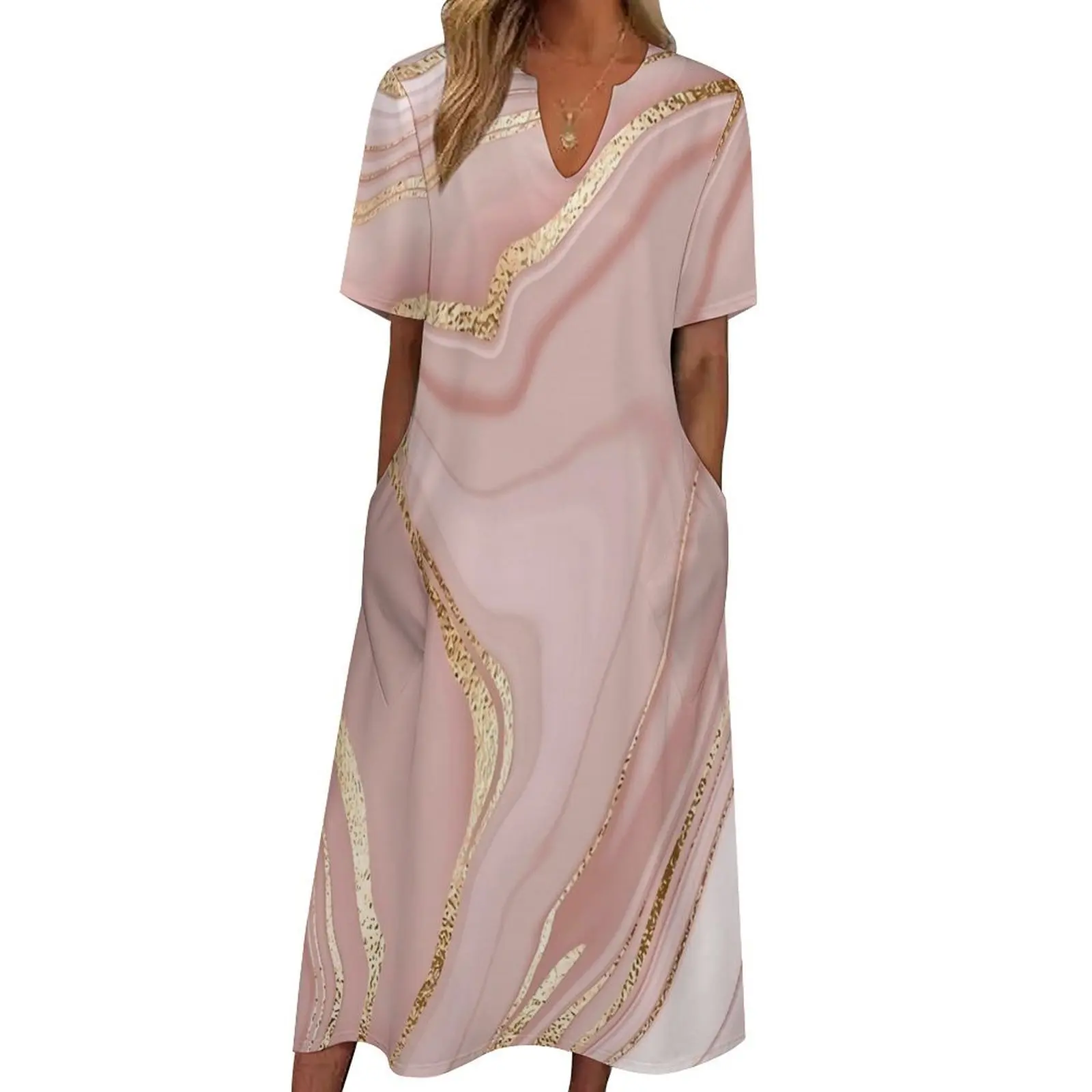 Abito retrò con stampa in marmo oro rosa Abito maxi alla moda Street Style Abiti lunghi bohémien Abiti oversize con grafica con scollo a V da donna