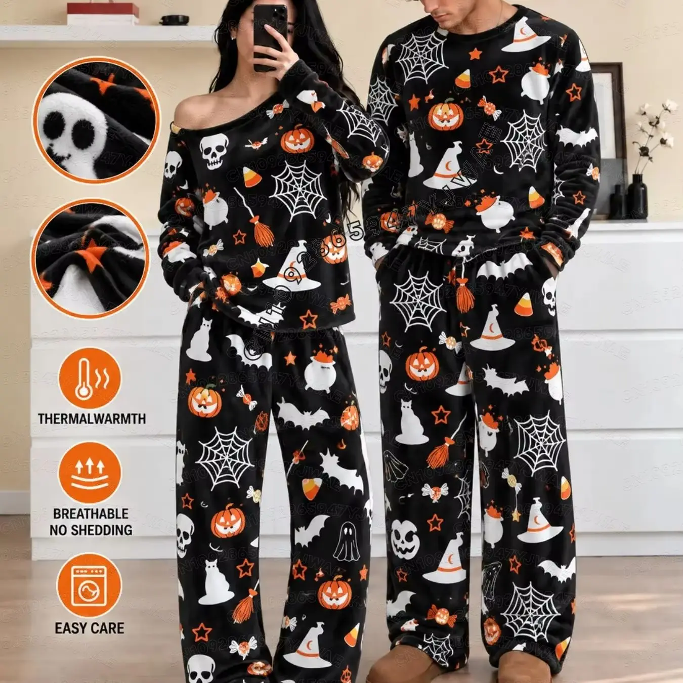 2026 Winter Men Couple Pajamas Set Men's Flannel Halloween Pumpkin Ghost Bat Print Men's Home Sleepwear Tracksuit 2piece Set