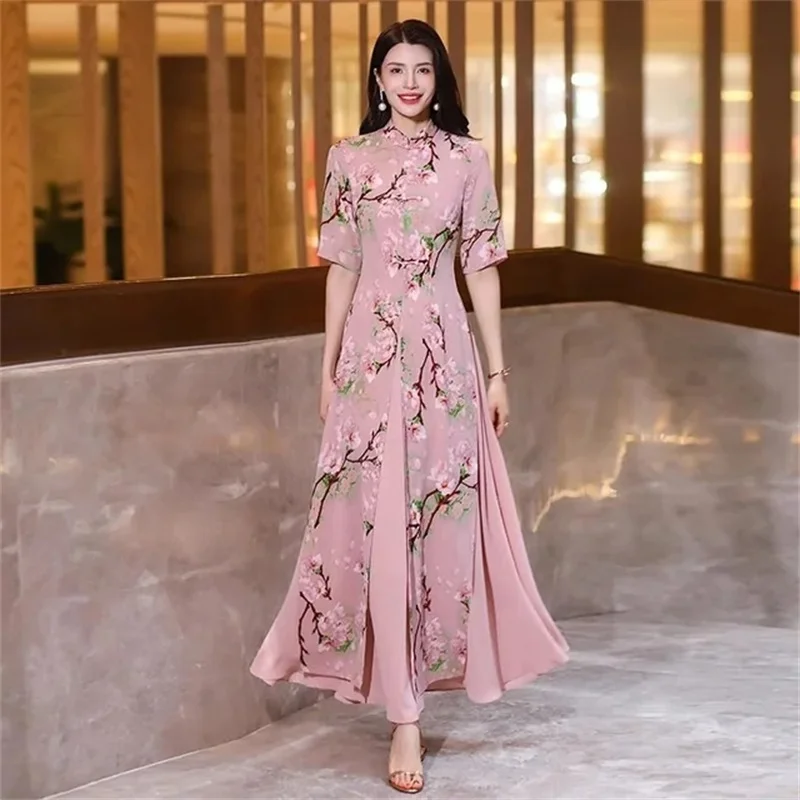 

Summer 2024 New Women Chinese Style Improved Cheongsam Chiffon Long Dress Retro Slimming Temperament High-end Splicing Dresses