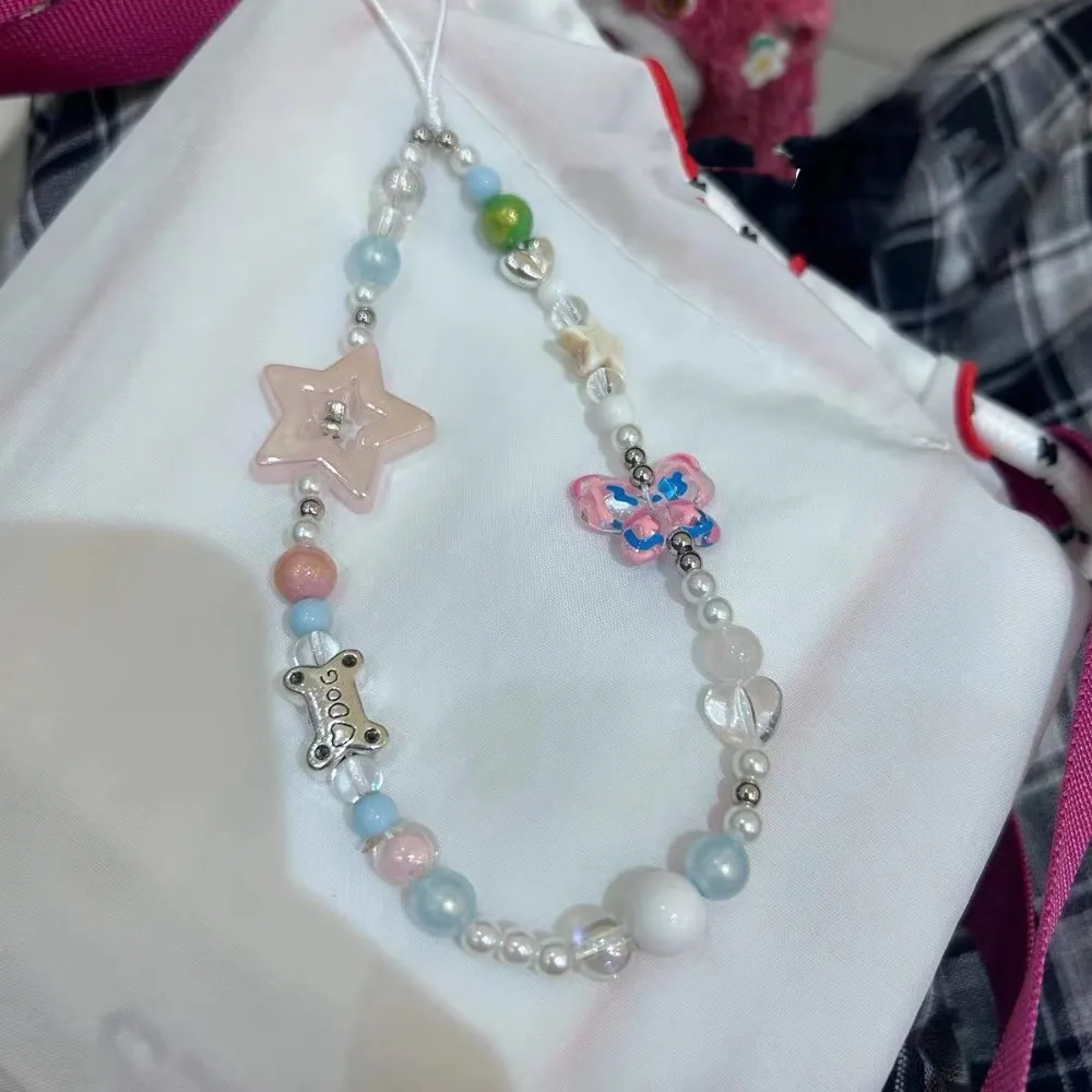 Original Handmade 2023 New Mobile Phone Chain Pink Blue Five Point Star Love CCD Camera Hanging Cord Beaded Jewelry