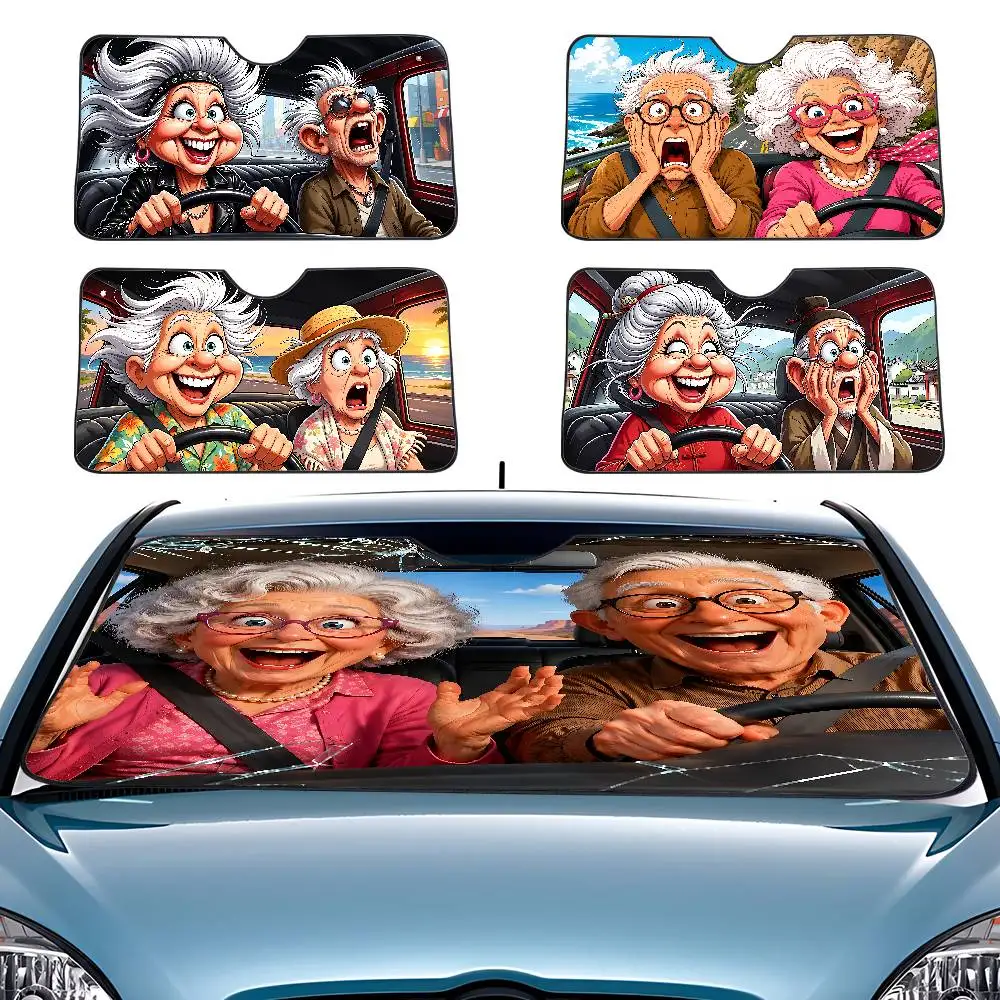 Cartoon Elderly Couple Driving Car SunShade Windshield Car Windscreen Cover Sun Shade Auto Visor Car Accessories