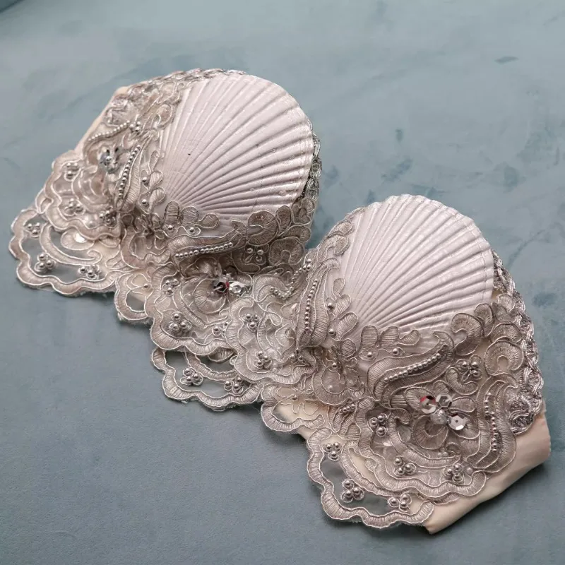 Personalizado sereia princesa vieira peito natural concha sutiã pérola sereia desempenho traje de dança do ventre