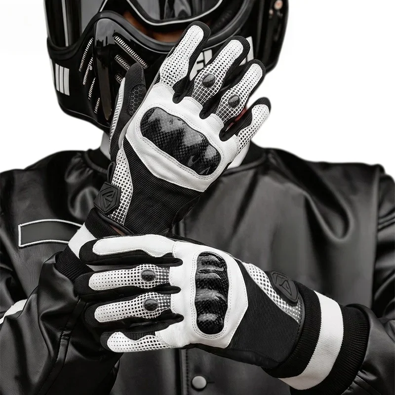 Men Women 4 Season Motorcycle Leather Gloves, Black White Supertech Racing Motorbike Cowhide Riding Gloves for Bike Knig
