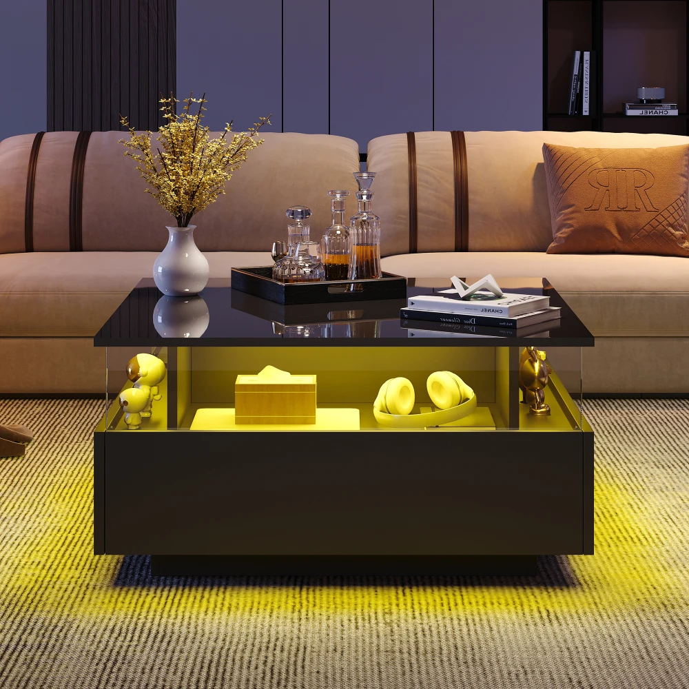70 x 70 x 41 cm großer moderner Hochglanz-LED-Couchtisch mit 2 Schubladen und transparentem Präsentationsbereich, belastbar bis zu 30 kg – Detail 4