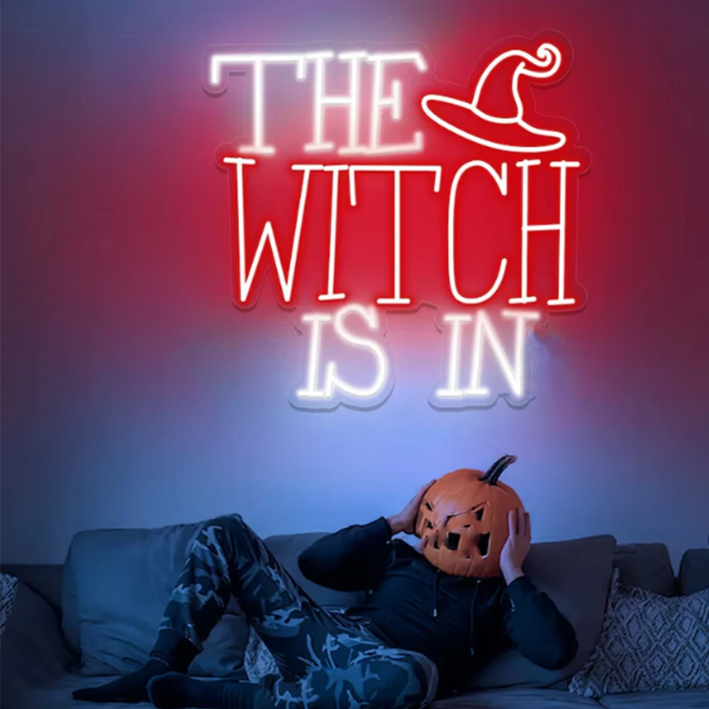 

The Witch Is In Neon Led Sign Spooky Letter Neon Light Halloween Dimmable Decoration For Room Party Home Bar Club Wall Decor USB