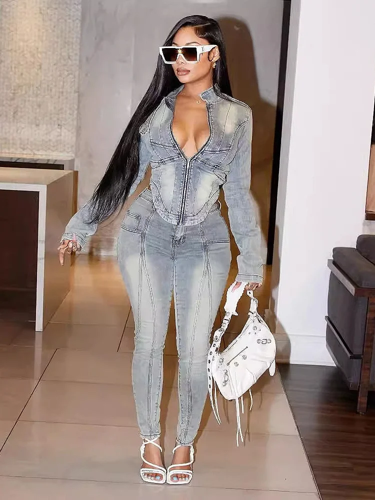 Setelan Denim Fashion Wanita Jaket Lengan Panjang V-neck + Celana Jeans 2024 Musim Gugur Streetwear Dua 2 Potong Setelan Tracksuit