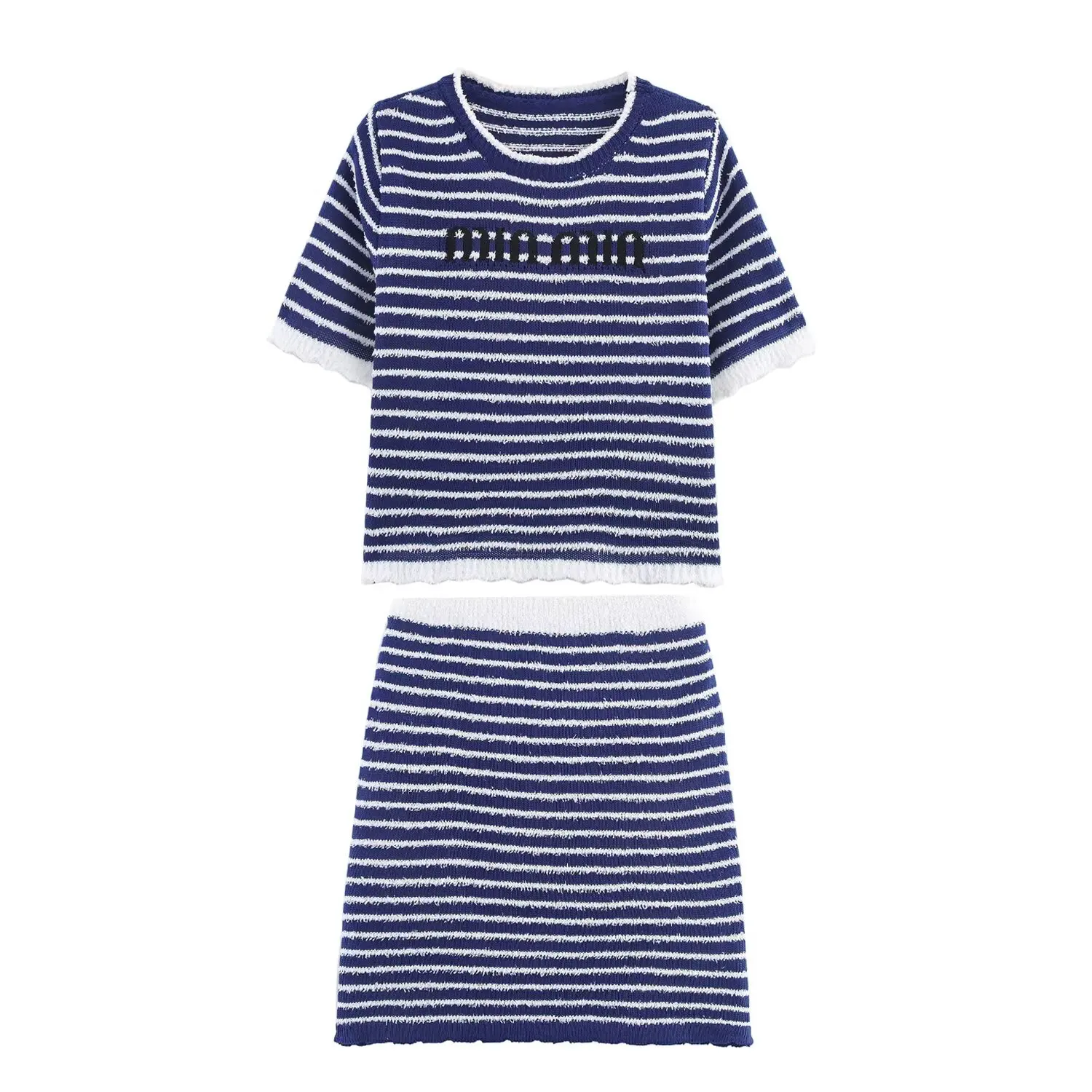 

MYST&ZA Womens Summer New Letter Embroidered Crew Neck Short Sleeve Striped Knit T Shirt and Casual Striped Knit Short Skirt