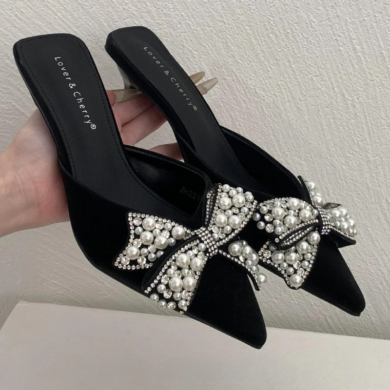 

Butterfly-Knot String Beads Pointed Toe Slippers Ladies Summer New Slides Female Elegant High Heels Sandal Women Pantuflas Mujer