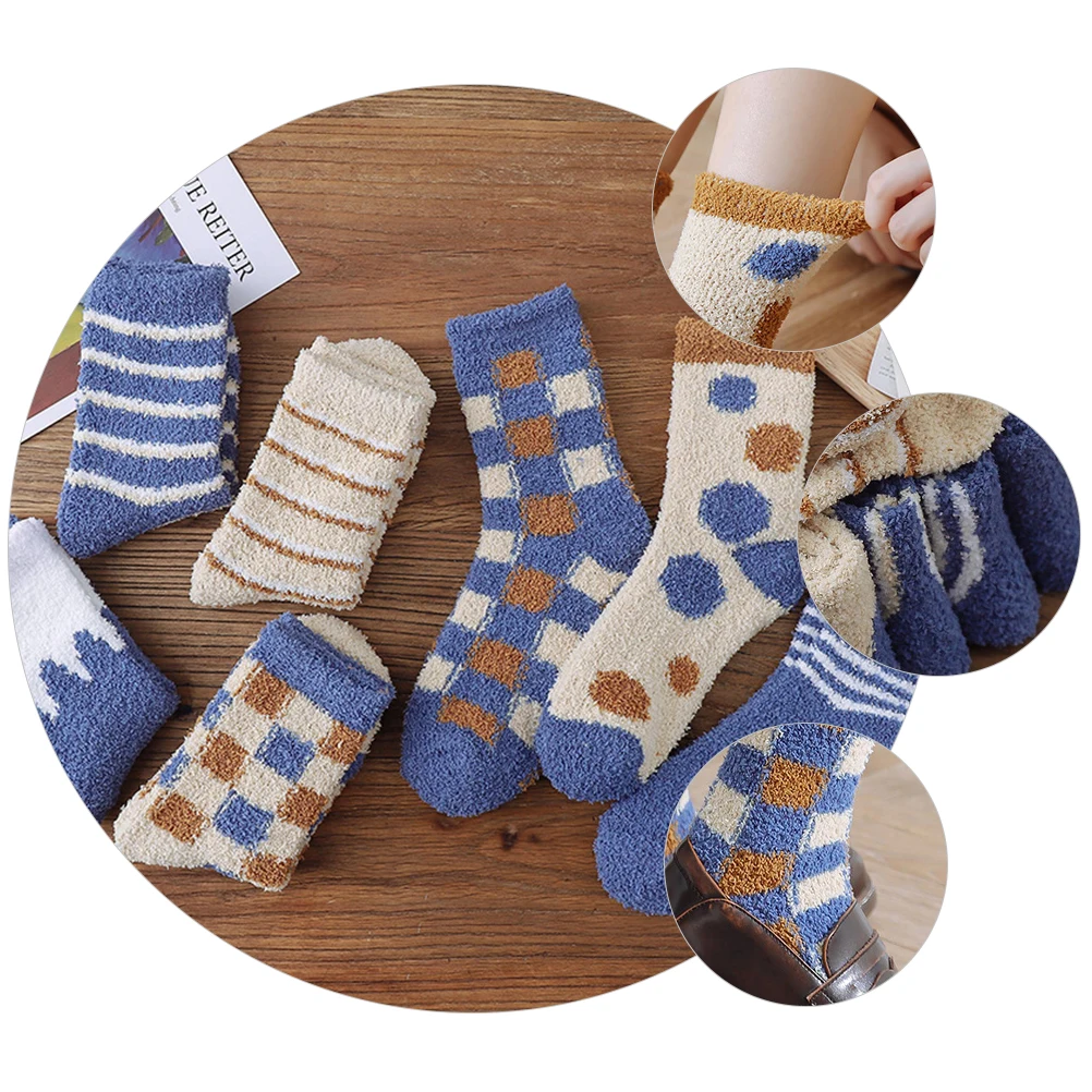 

6 Pairs Fleece Floor Socks Winter Sleep Stockings Blue Pattern Soft Elastic Socks Coral Fleece Stockings Ladies
