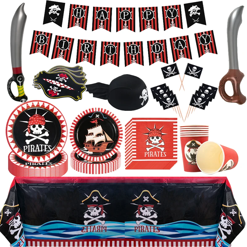 Pirate theme Party Decorations Tableware Pirate ship Bone Paper Plate Cup Tablecloth Pirate Birthday Party Decoration kids boys