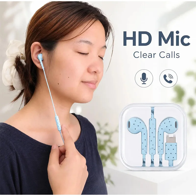 Type C Earphones Polka Dot Star Pattern In-Ear Wired Earbuds with Mic and Volume Control HiFi Headset for Mi iPhone Samsung view 3
