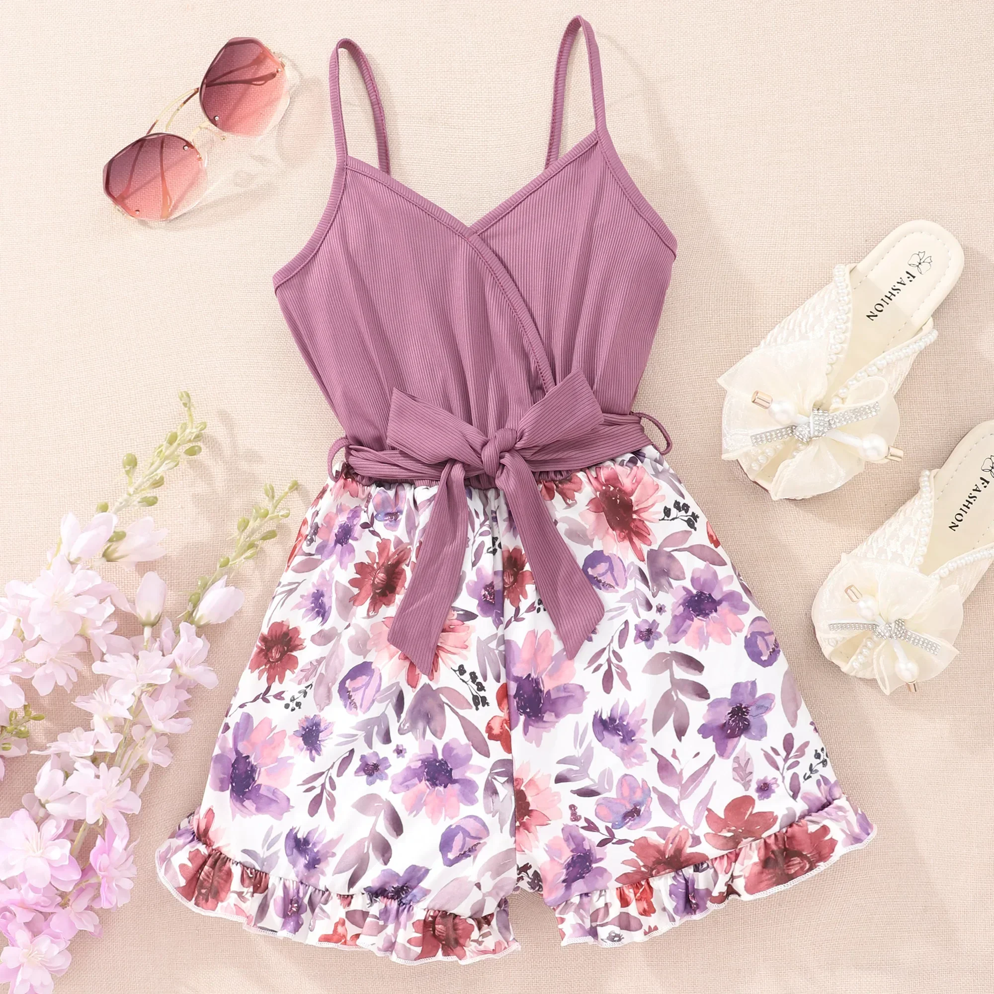KIds Girl jumpsuit decor ruffle bow girl short sleeve rompers playsuit girl clothes soft cotton overalls kids summer beach view 2