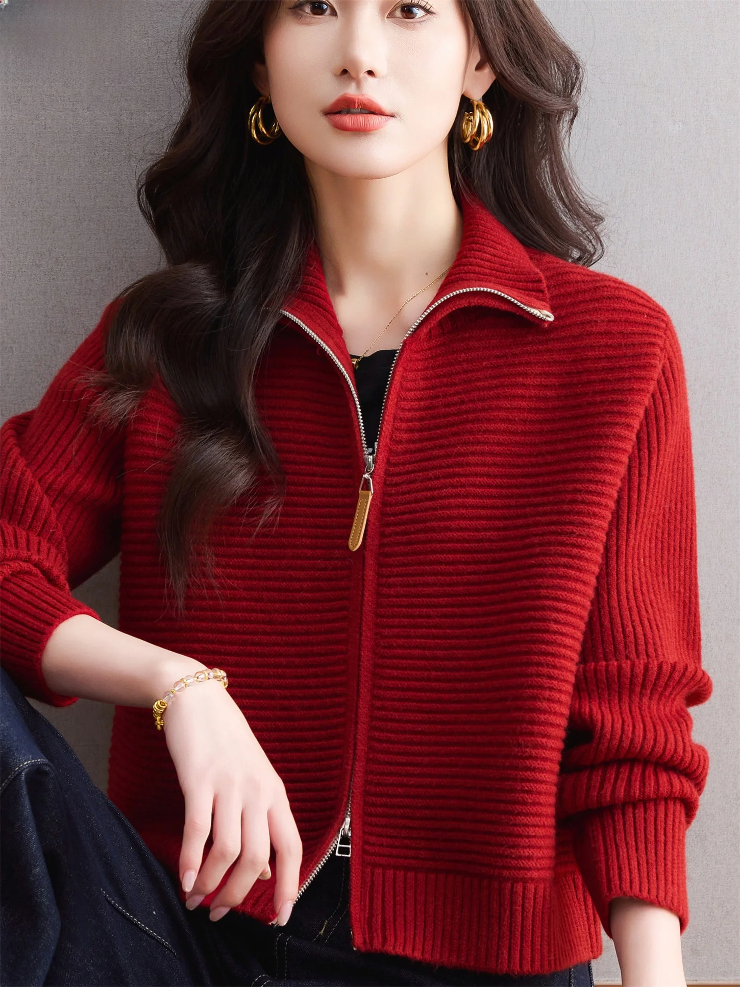 

Spring New Sle High Waist ort Zipper Knitted Open Cardigan Women's Faion Small Size Ele Base irt Mommy Wear