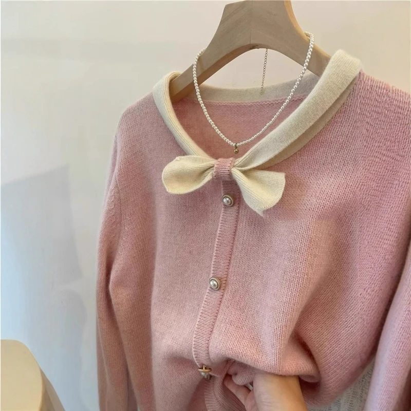 Autumn/Winter Bow-Neck Women Tops Long-Sleeve Colorblock Pullover Sweater