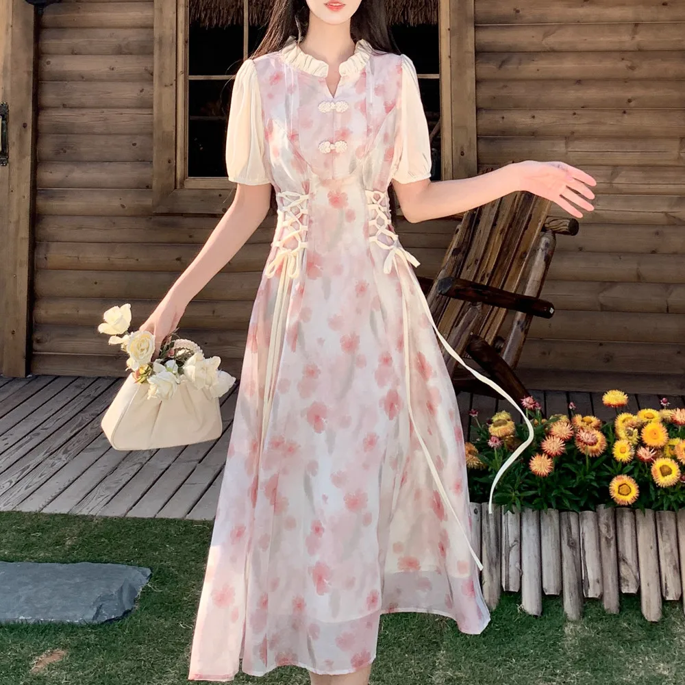 กระโปรงชีฟองลายดอกไม้สไตล์จีนใหม่ ไซส์ใหญ่ ดีไซน์ฤดูร้อน ช่วยเก็บเอว สวยหวาน บางเบา