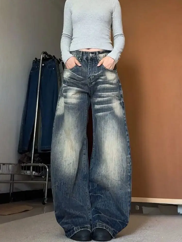 Women's Retro Cat Whisker Curved Wide Legs Jeans Girl Streets 90s Denim Pants High Waisted Sweatpants Female Vintage Trousers