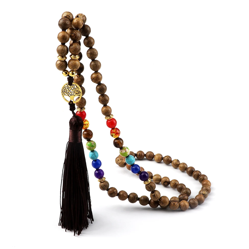 7 Chakra Original Wooden Beads Necklaces Vintage Tree of Life Tassel Japamala Yoga Meditation Necklace Buddhist Prayer Jewelry