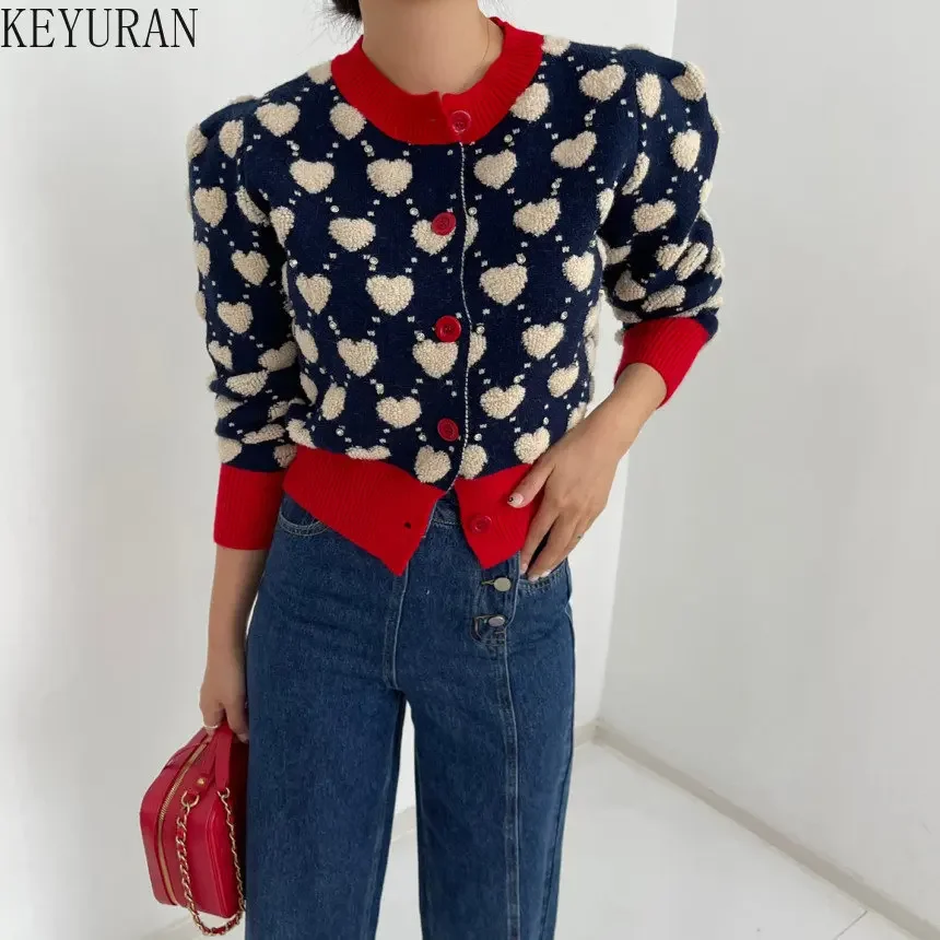 Color Contrast Love Jacquard Knitted Cardigan Women New 2024 Autumn Winter Korean Sweet Slim Puff Sleeve Single Breasted Sweater