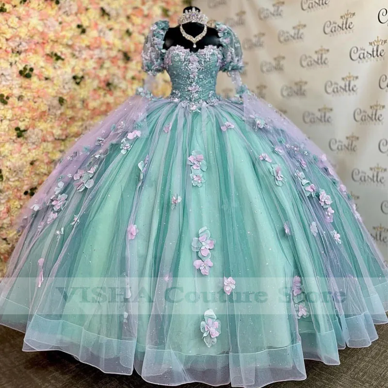 Princess Sweetheart Ball Gown 2023 Quinceanera Dresses Beaded Celebrity Party Gowns 3D Flowers Graduation Lantern Sleeve